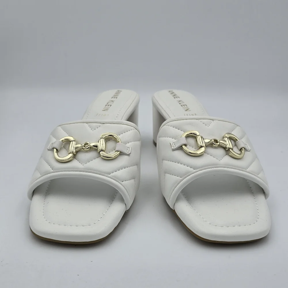 NWOT Anne Klein Kendra Slippers (Block Heel Slide Sandals), White & Gold, 9.5M - Picture 3 of 16